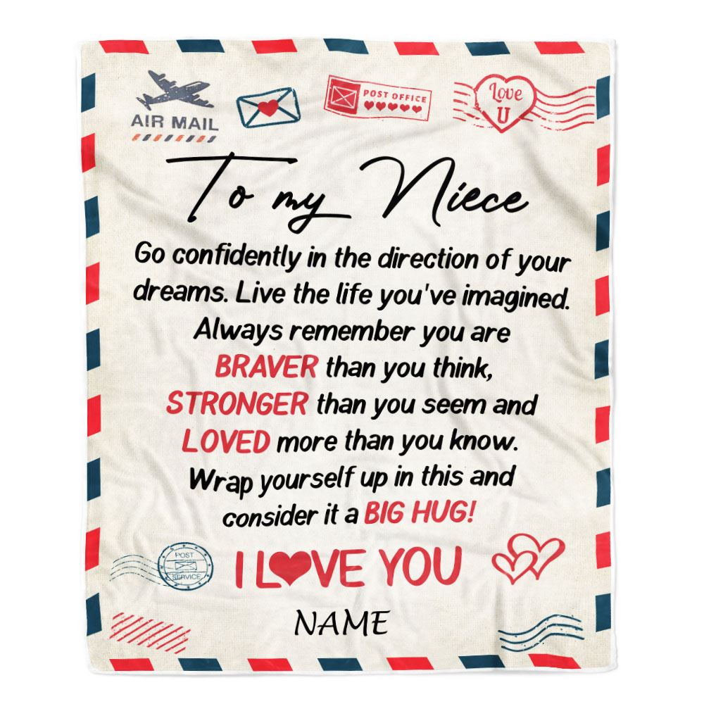 Personalized To My Niece Blanket From Aunt Uncle Air Mail Letter Confidently I Love You Niece Birthday Graduation Christmas Customized Fleece Throw Blanket | siriusteestore