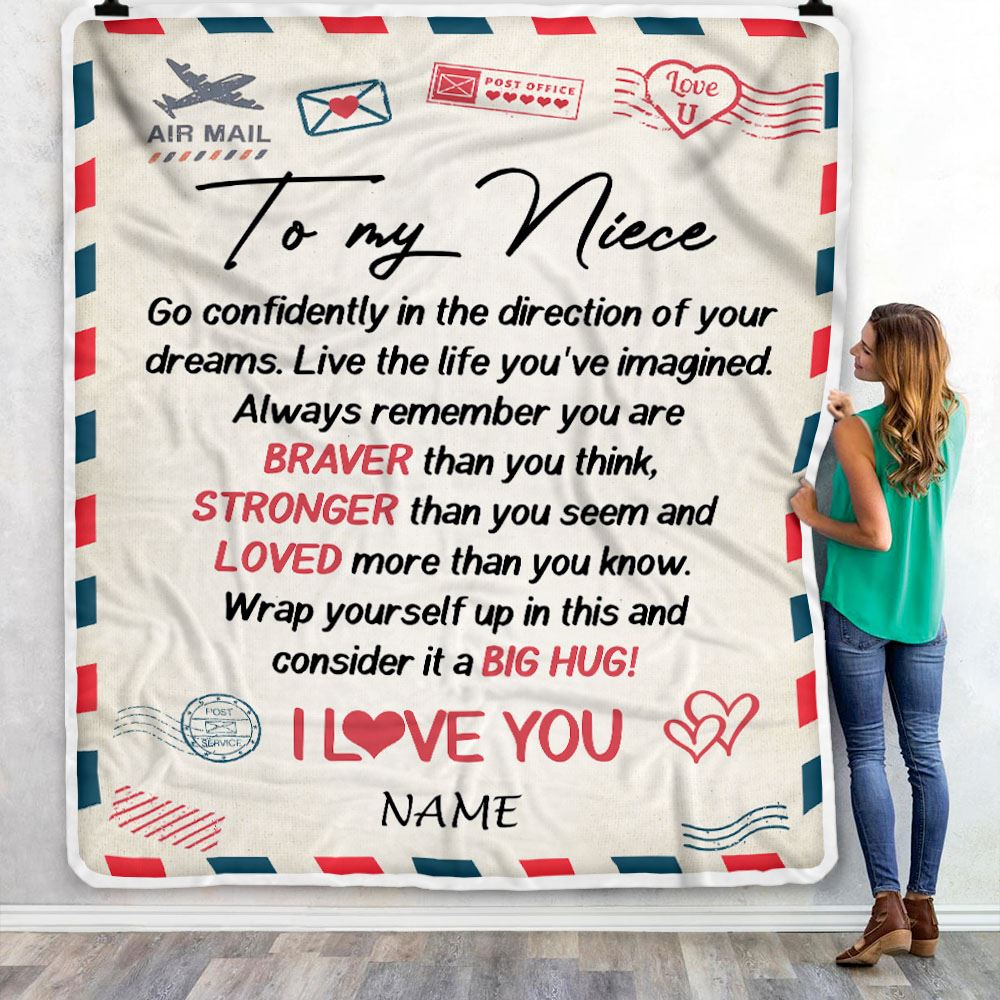 Personalized To My Niece Blanket From Aunt Uncle Air Mail Letter Confidently I Love You Niece Birthday Graduation Christmas Customized Fleece Throw Blanket | siriusteestore