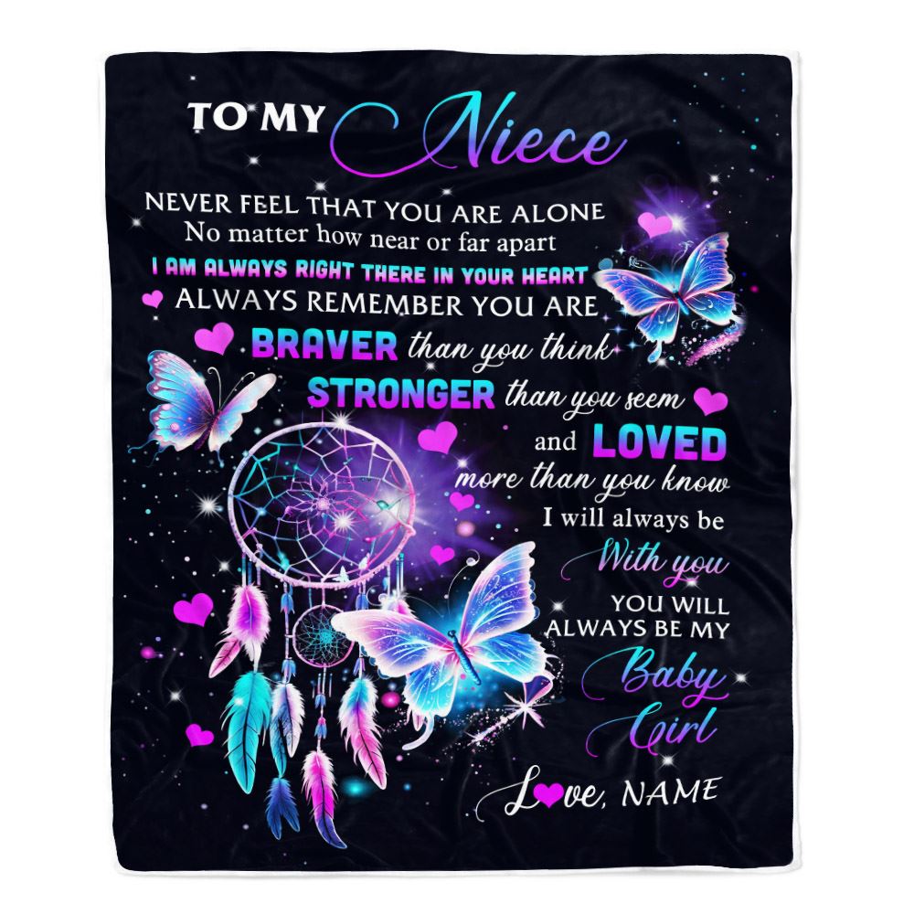 Personalized To My Niece Blanket From Aunt Uncle Auntie Butterfly Braver Stronger Loved Niece Birthday Graduation Christmas Customized Fleece Throw Blanket | siriusteestore
