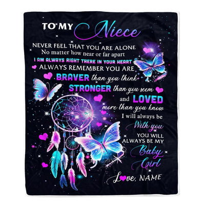 Personalized To My Niece Blanket From Aunt Uncle Auntie Butterfly Braver Stronger Loved Niece Birthday Graduation Christmas Customized Fleece Throw Blanket | siriusteestore