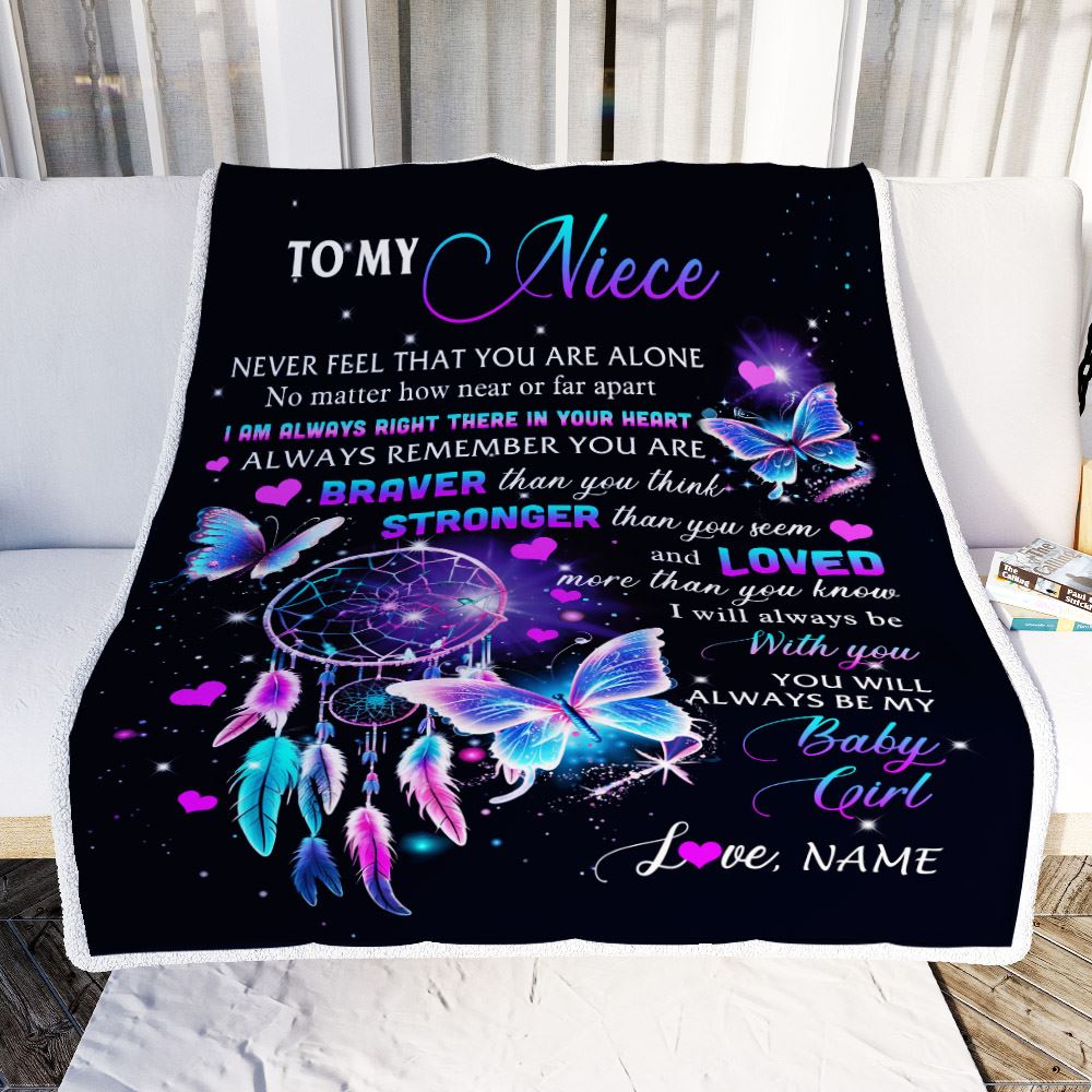 Personalized To My Niece Blanket From Aunt Uncle Auntie Butterfly Braver Stronger Loved Niece Birthday Graduation Christmas Customized Fleece Throw Blanket | siriusteestore