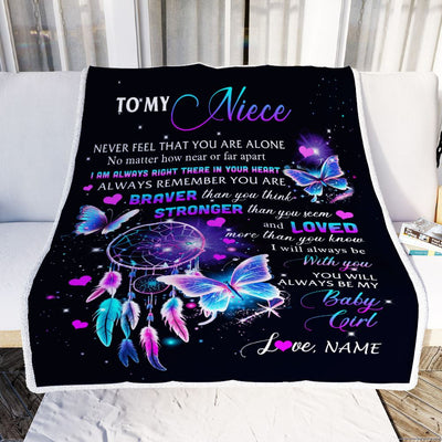 Personalized To My Niece Blanket From Aunt Uncle Auntie Butterfly Braver Stronger Loved Niece Birthday Graduation Christmas Customized Fleece Throw Blanket | siriusteestore