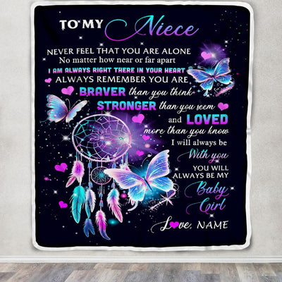 Personalized To My Niece Blanket From Aunt Uncle Auntie Butterfly Braver Stronger Loved Niece Birthday Graduation Christmas Customized Fleece Throw Blanket | siriusteestore