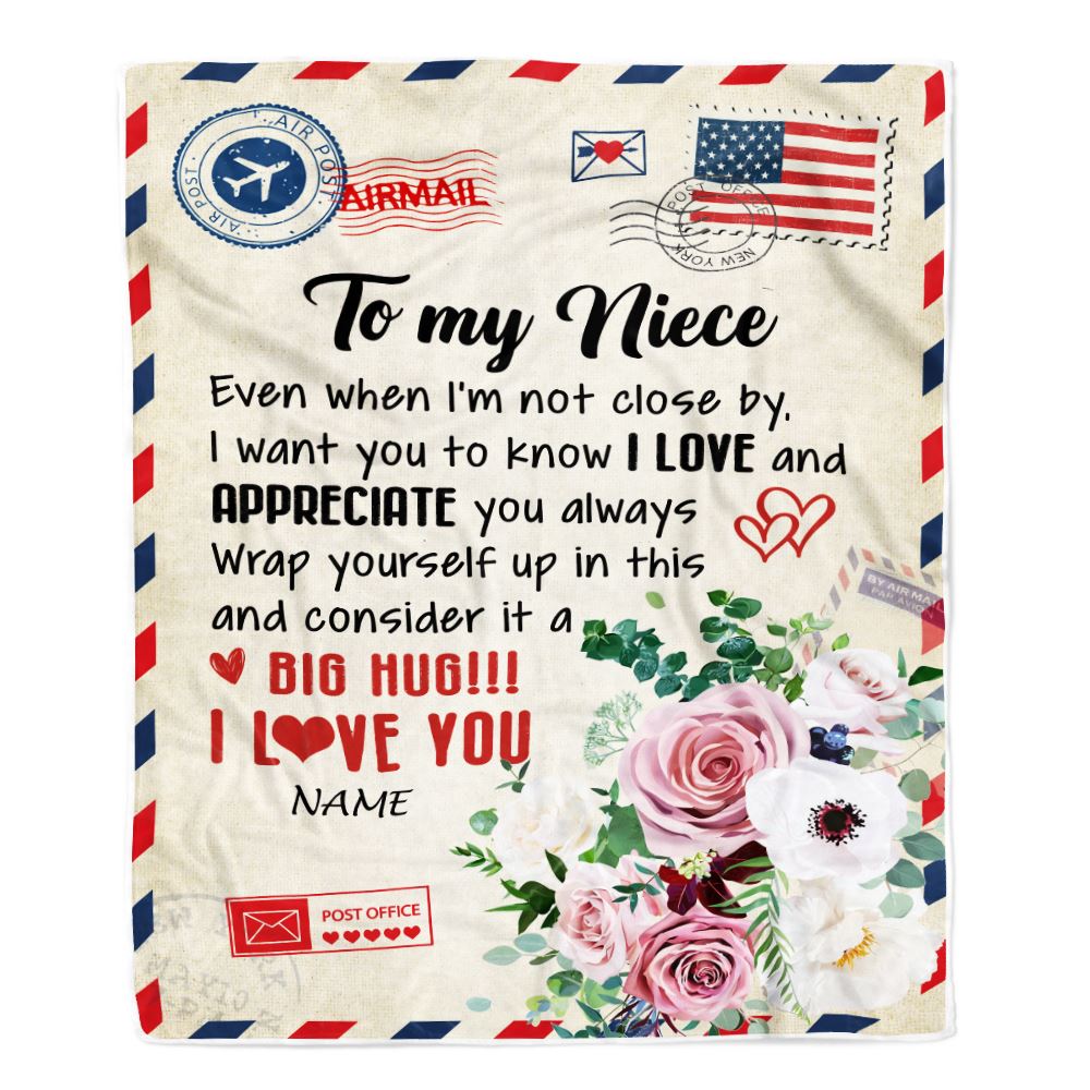 Personalized To My Niece Blanket From Aunt Uncle Auntie Floral Air Mail Letter I Love You Niece Birthday Christmas Customized Fleece Throw Blanket | siriusteestore