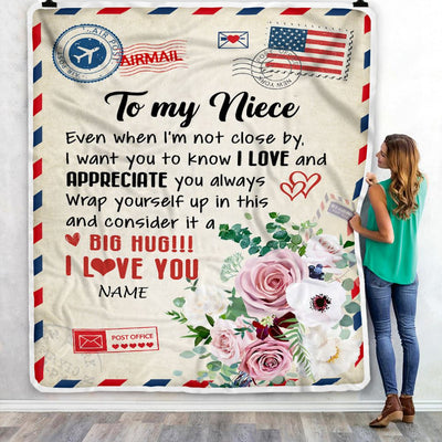 Personalized To My Niece Blanket From Aunt Uncle Auntie Floral Air Mail Letter I Love You Niece Birthday Christmas Customized Fleece Throw Blanket | siriusteestore