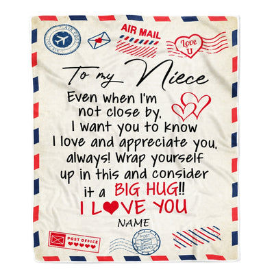 Personalized To My Niece Blanket From Aunt Uncle Auntie I Love You Hugs Air Mail Letter Birthday Christmas Thanksgiving Graduation Customized Fleece Blanket | siriusteestore