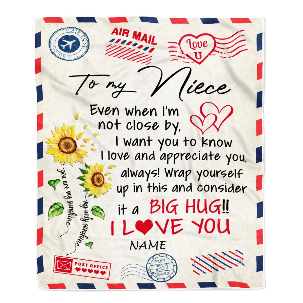 Personalized To My Niece Blanket From Aunt Uncle Auntie Love Big Hug Air Mail Letter Sunflower Niece Birthday Christmas Customized Fleece Throw Blanket | siriusteestore