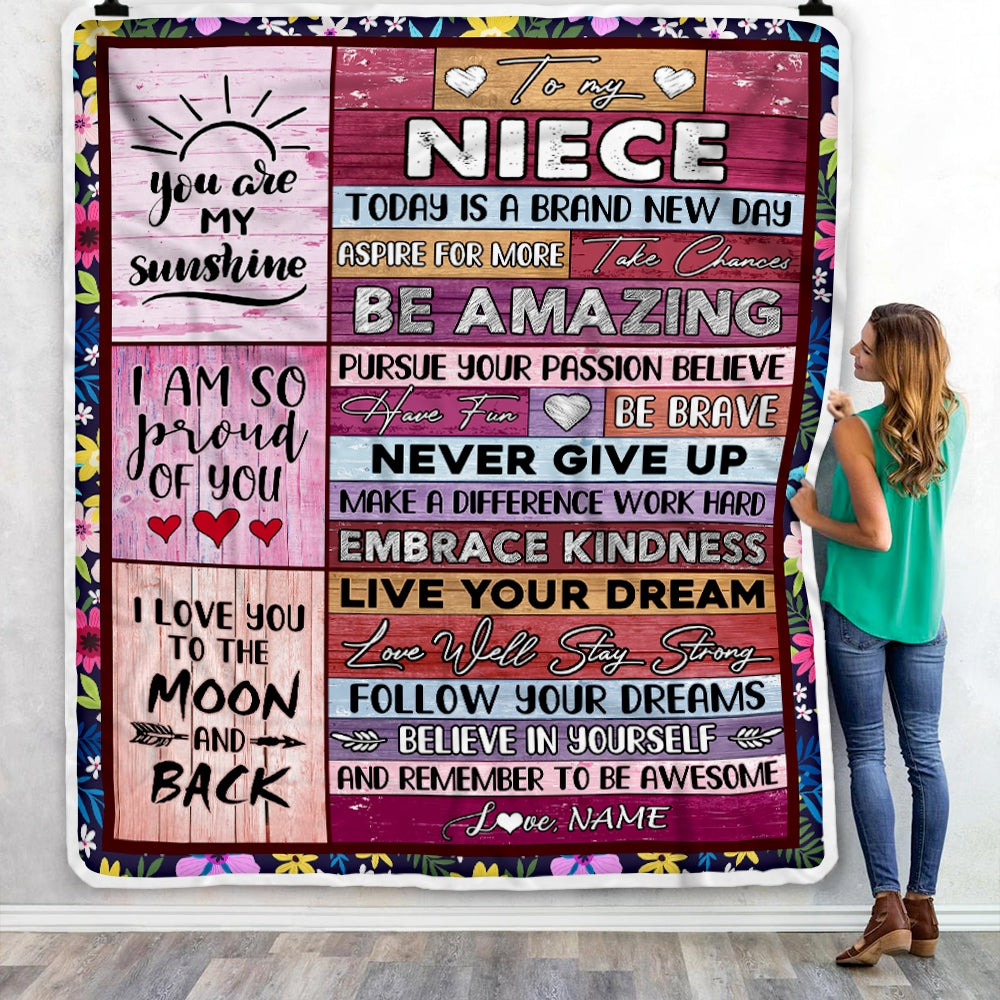 Personalized To My Niece Blanket From Aunt Uncle Never Give Up Live Your Dream Pink Wood Niece Birthday Graduation Christmas Customized Fleece Blanket | siriusteestore