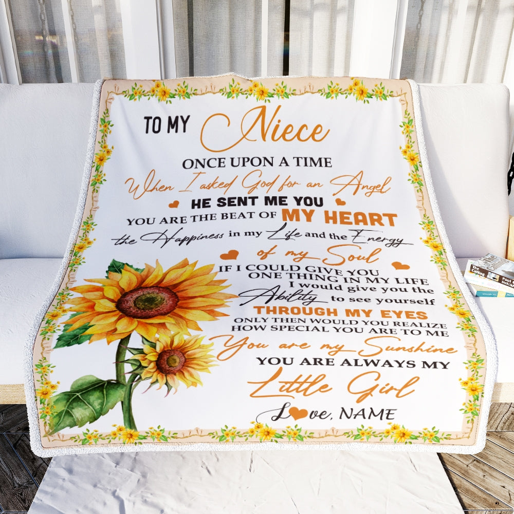Personalized To My Niece Blanket From Aunt Uncle Once Upon A Time When I Asked God For An Angel Sunflower Niece Birthday Christmas Customized Fleece Blanket | siriusteestore