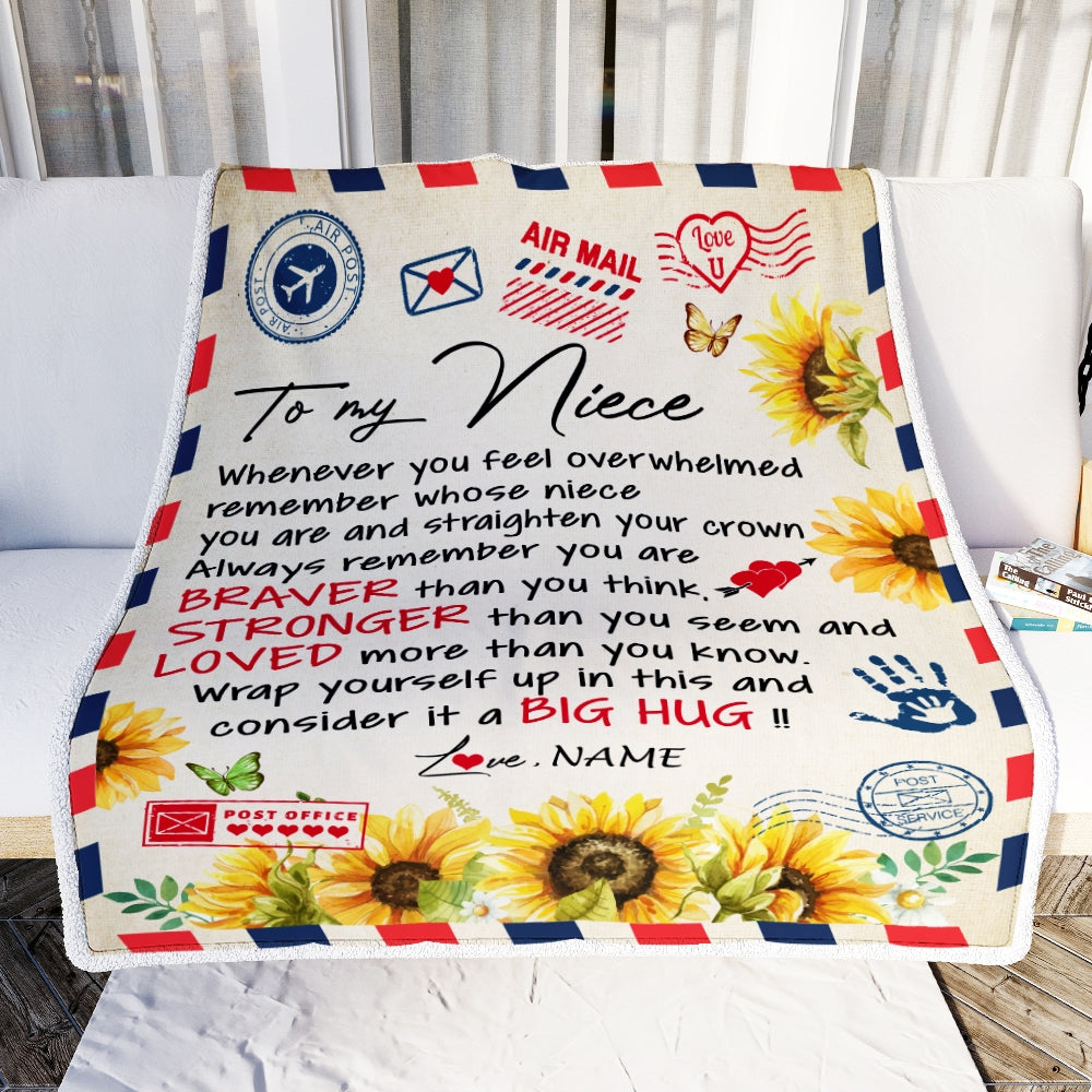 Personalized To My Niece Blanket from Aunt Uncle Air Mail Letter Braver Stronger Loved Sunflower Niece Birthday Graduation Christmas Customized Fleece Blanket | siriusteestore