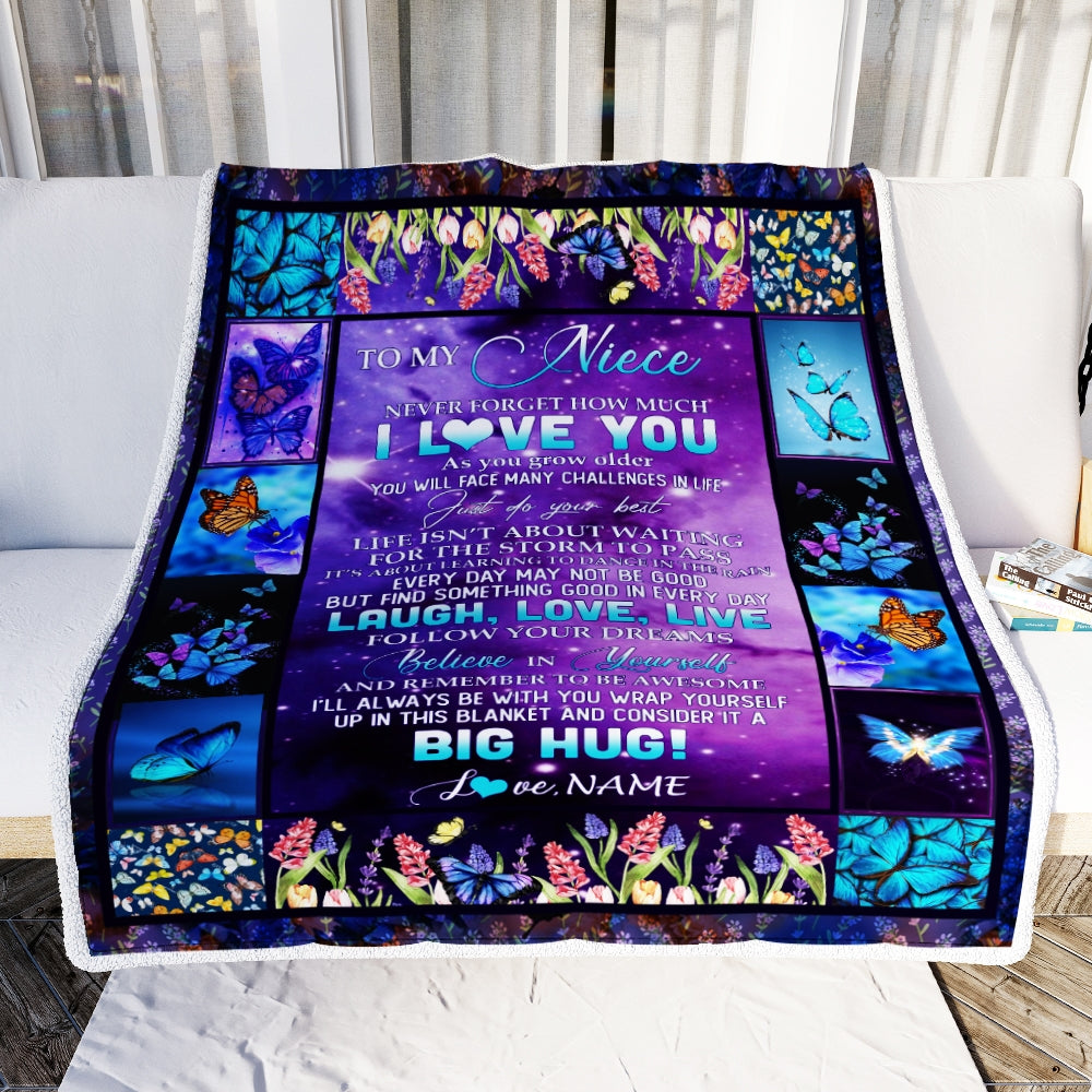 Personalized To My Niece Blanket from Aunt Uncle Laugh Love Life Believe in Yourself Butterfly Flowers Birthday Christmas Customized Fleece Blanket | siriusteestore