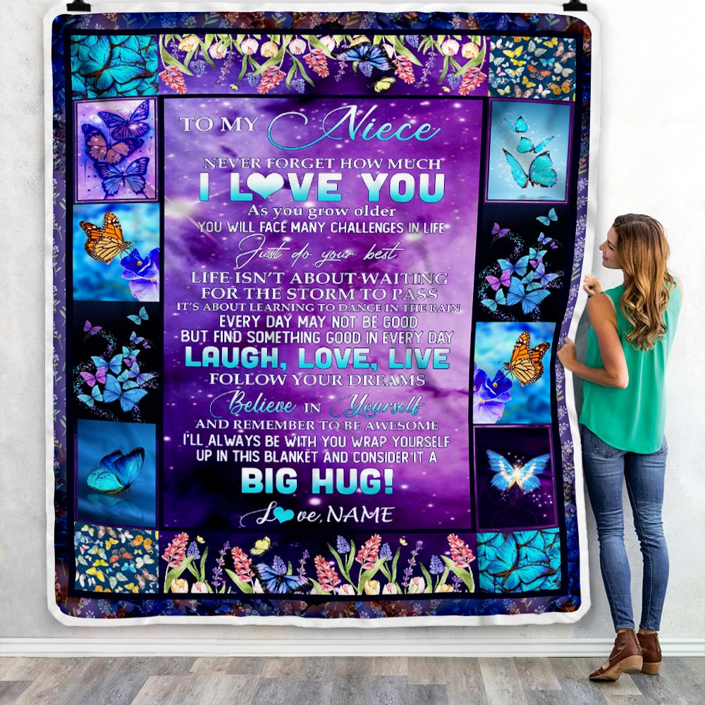Personalized To My Niece Blanket from Aunt Uncle Laugh Love Life Believe in Yourself Butterfly Flowers Birthday Christmas Customized Fleece Blanket | siriusteestore