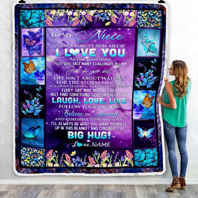 Personalized To My Niece Blanket from Aunt Uncle Laugh Love Life Believe in Yourself Butterfly Flowers Birthday Christmas Customized Fleece Blanket | siriusteestore