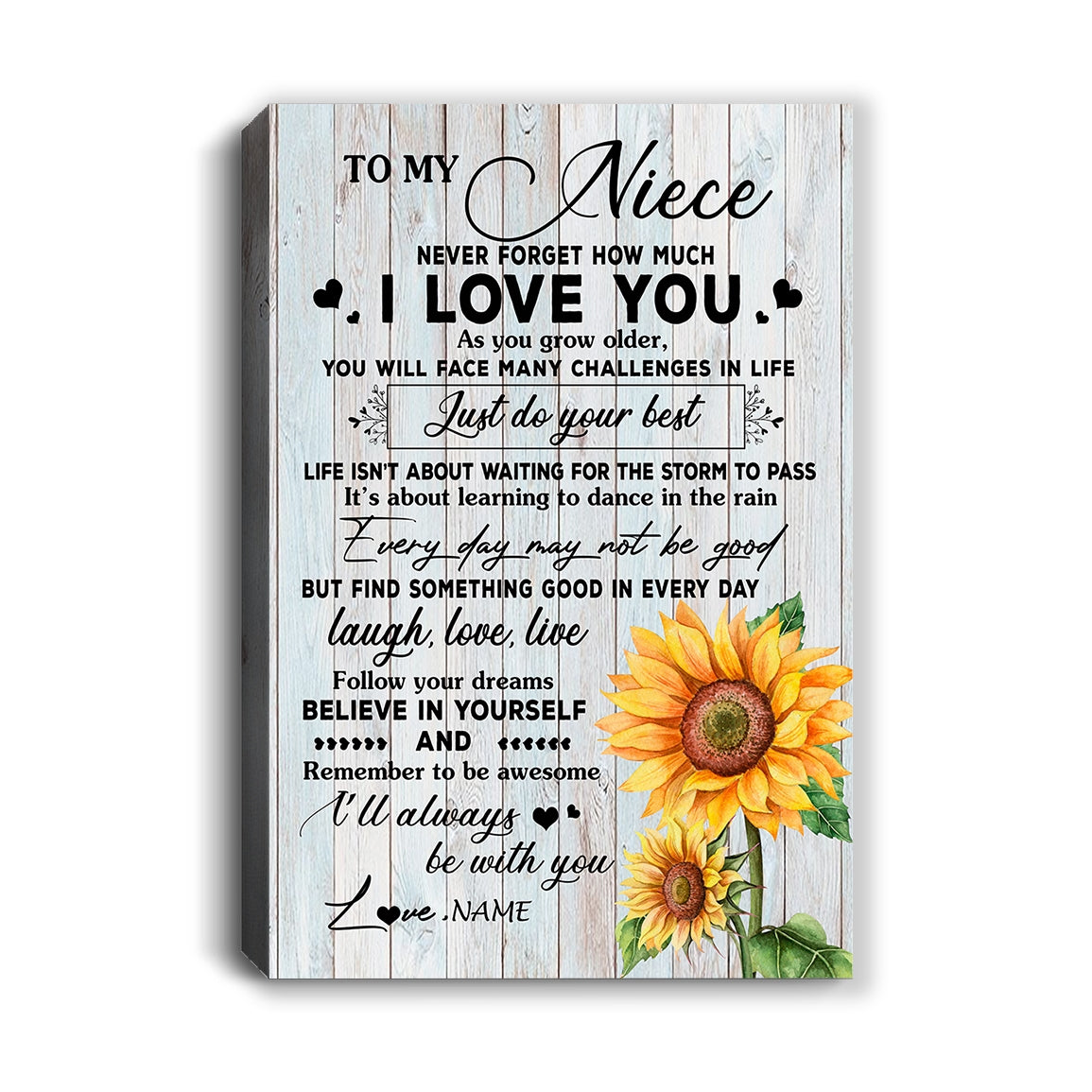 Personalized To My Niece Canvas From Uncle Aunt Sunflower Wood Laugh Love Live Niece Birthday Graduation Christmas Custom Wall Art Print Home Decor Framed Canvas | siriusteestore