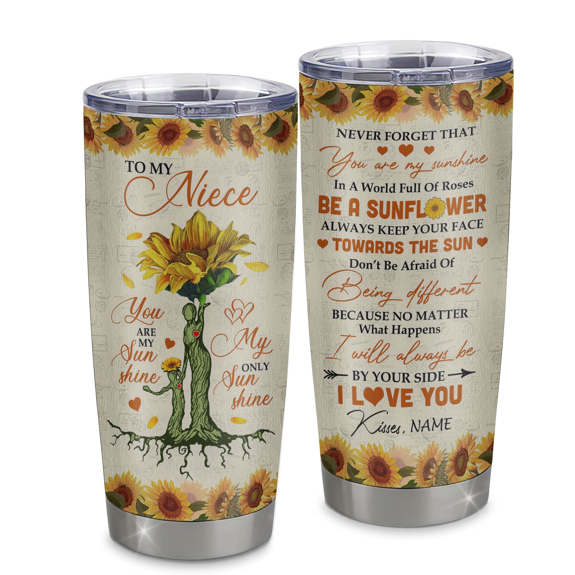Personalized To My Niece From Aunt Auntie Stainless Steel Tumbler Cup Never Forget That You Are My Sunshine Sunflower Niece Birthday Christmas Travel Mug | siriusteestore