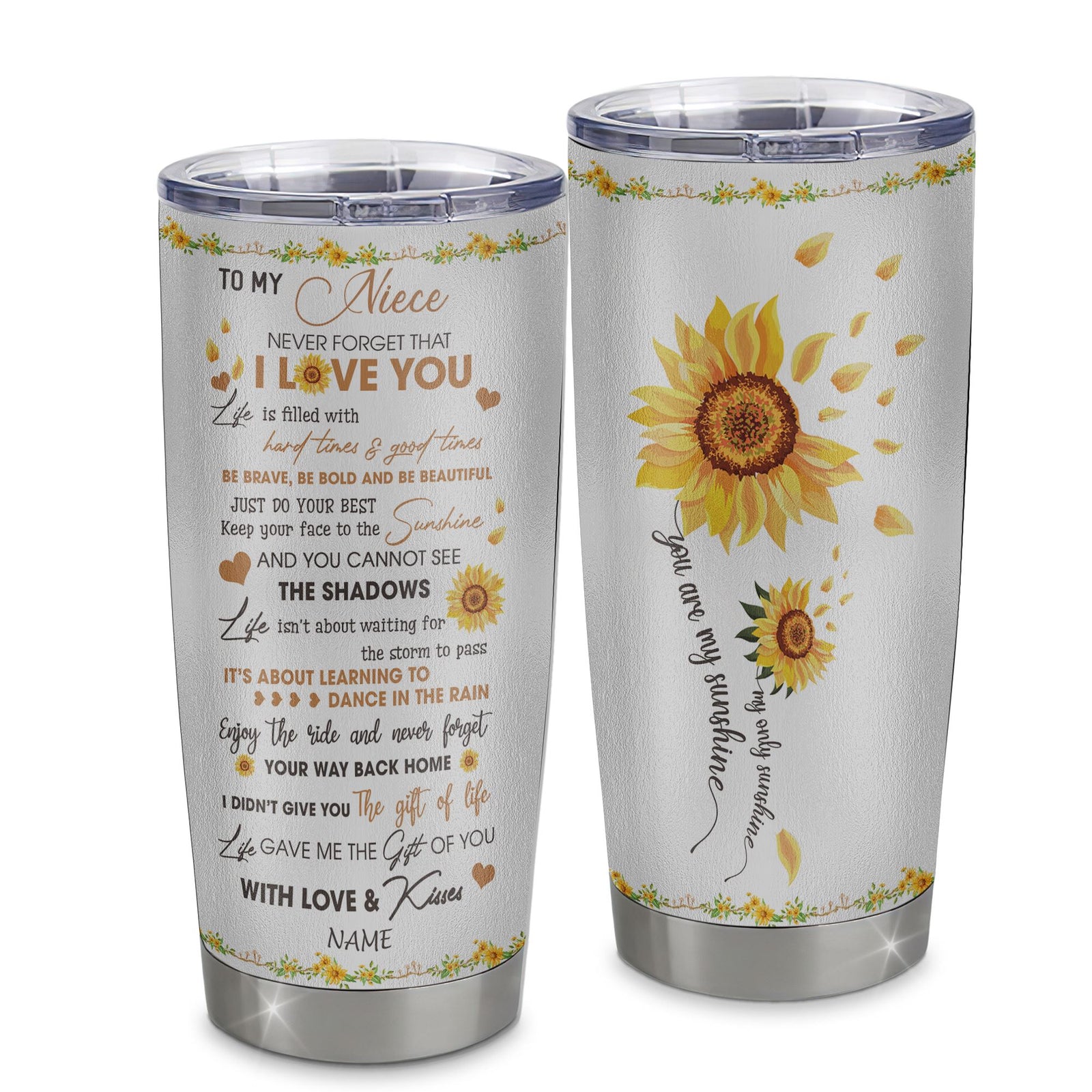 Personalized To My Niece From Aunt Auntie Uncle Stainless Steel Tumbler Cup I Love You White Sunflower Niece Birthday Graduation Christmas Travel Mug | siriusteestore