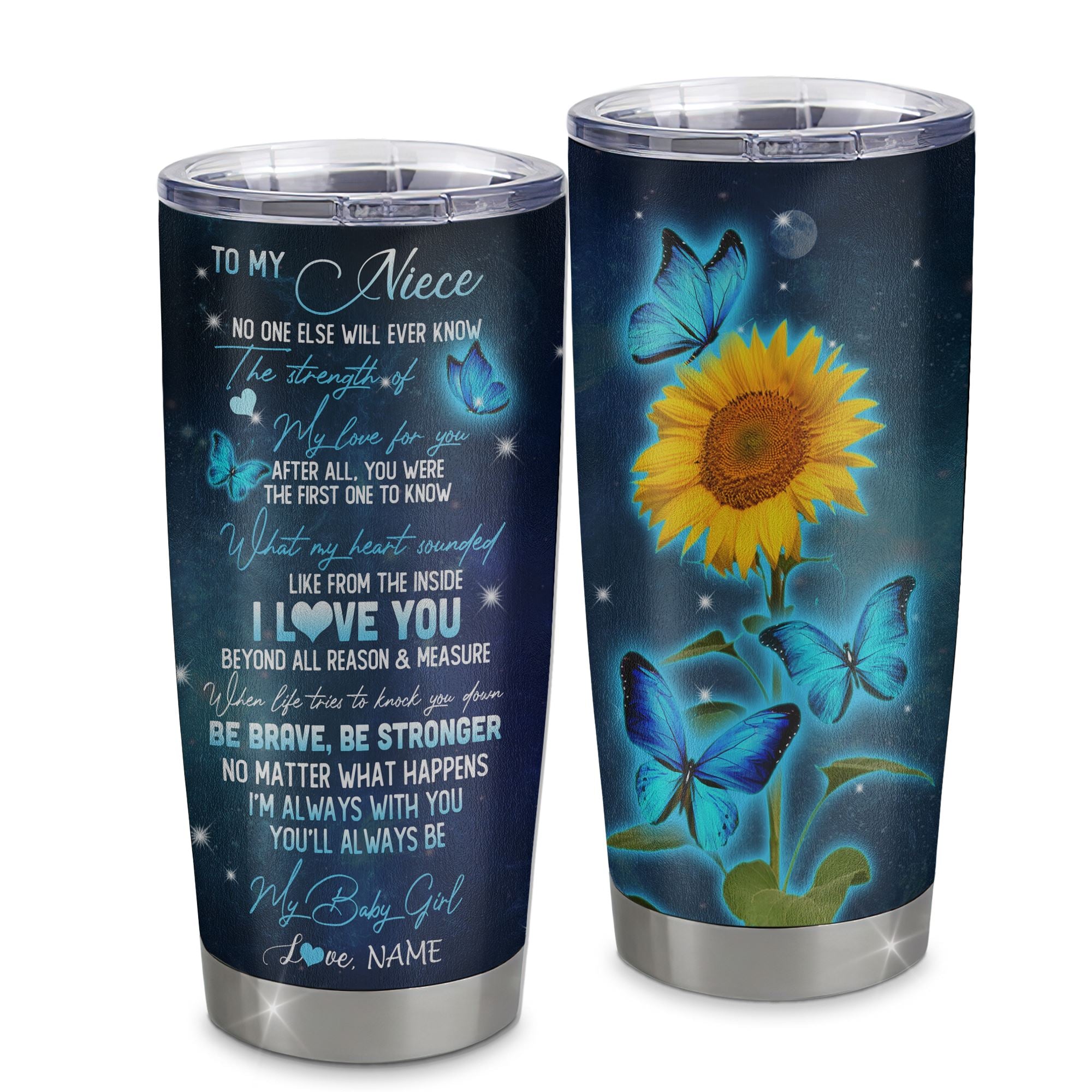 Personalized To My Niece From Aunt Uncle Stainless Steel Tumbler Cup Be Brave Be Stronger Butterfly Sunflower Niece Birthday Graduation Christmas Travel Mug | siriusteestore