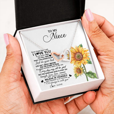Interlocking Hearts Necklace | Personalized To My Niece Necklace From Aunt Auntie Auntie Sunflower Wood Laugh Love Live Niece Birthday Graduation Christmas Customized Gift Box Message Card | siriusteestore