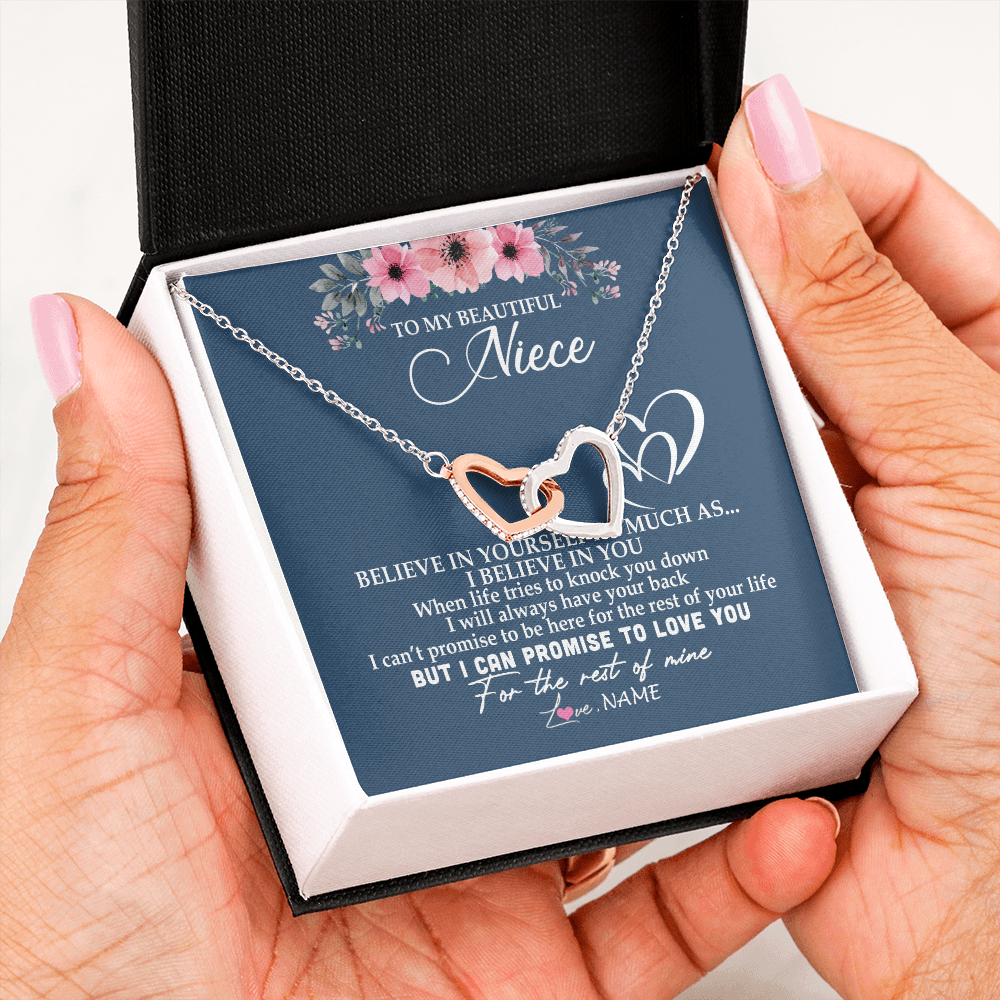 Interlocking Hearts Necklace | Personalized To My Niece Necklace From Aunt Auntie Believe In Yourself Niece Birthday Graduation Christmas Customized Message Card | siriusteestore