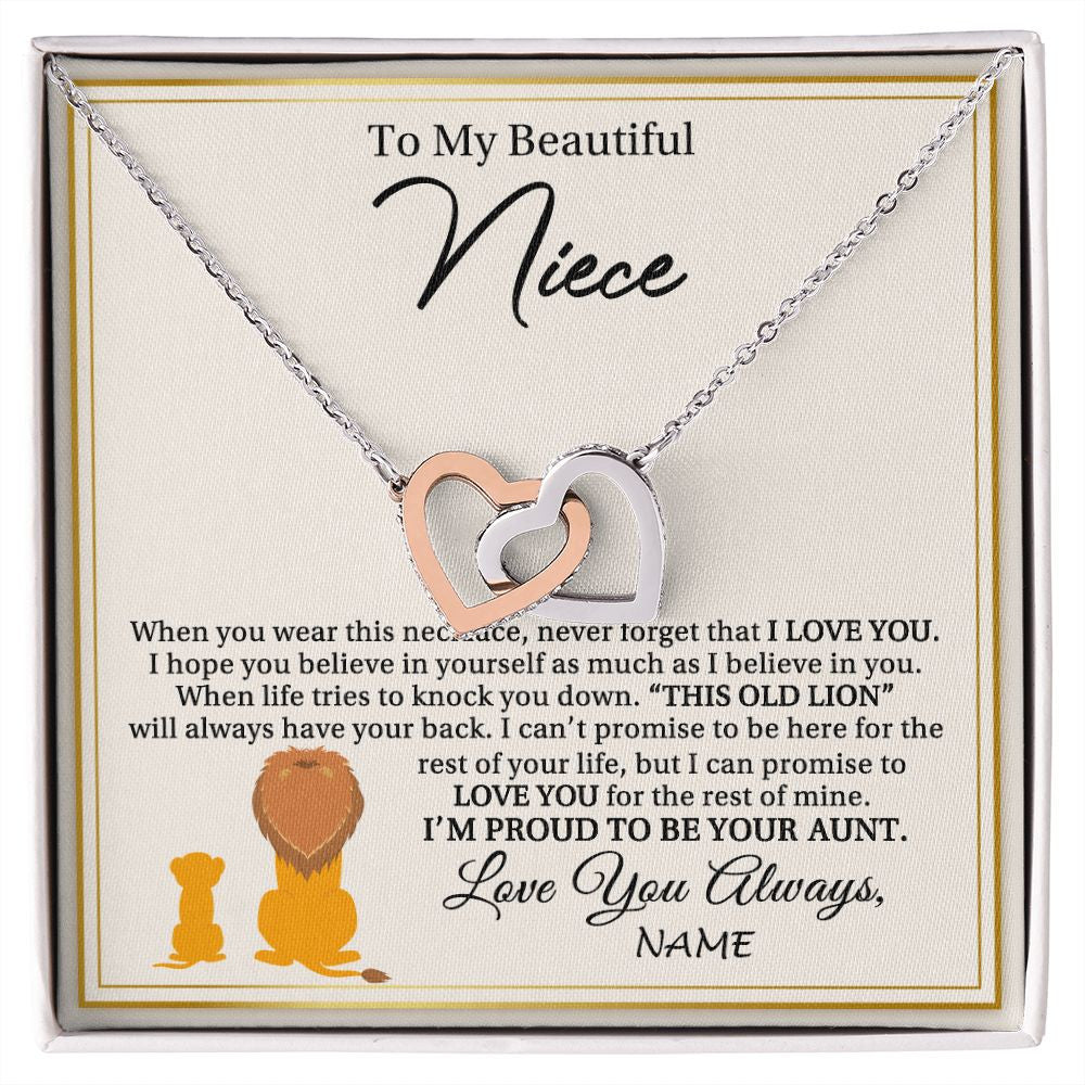 Interlocking Hearts Necklace | Personalized To My Niece Necklace From Aunt I'M Proud To Be Your Aunt Lion Niece Birthday Graduation Christmas Customized Gift Box Message Card | siriusteestore