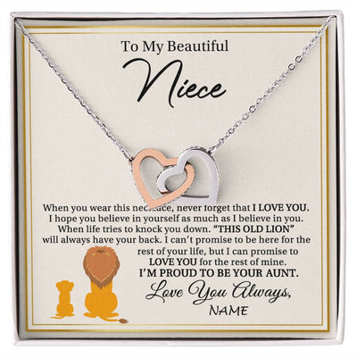 Interlocking Hearts Necklace | Personalized To My Niece Necklace From Aunt I'M Proud To Be Your Aunt Lion Niece Birthday Graduation Christmas Customized Gift Box Message Card | siriusteestore