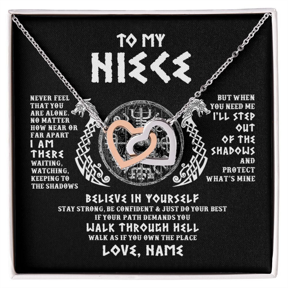 Interlocking Hearts Necklace | Personalized To My Niece Necklace Viking Never Feel You Are Alone Odin Scandinavian Norse Runes Niece Birthday Christmas Pendant Customized Gift Message Card | siriusteestore