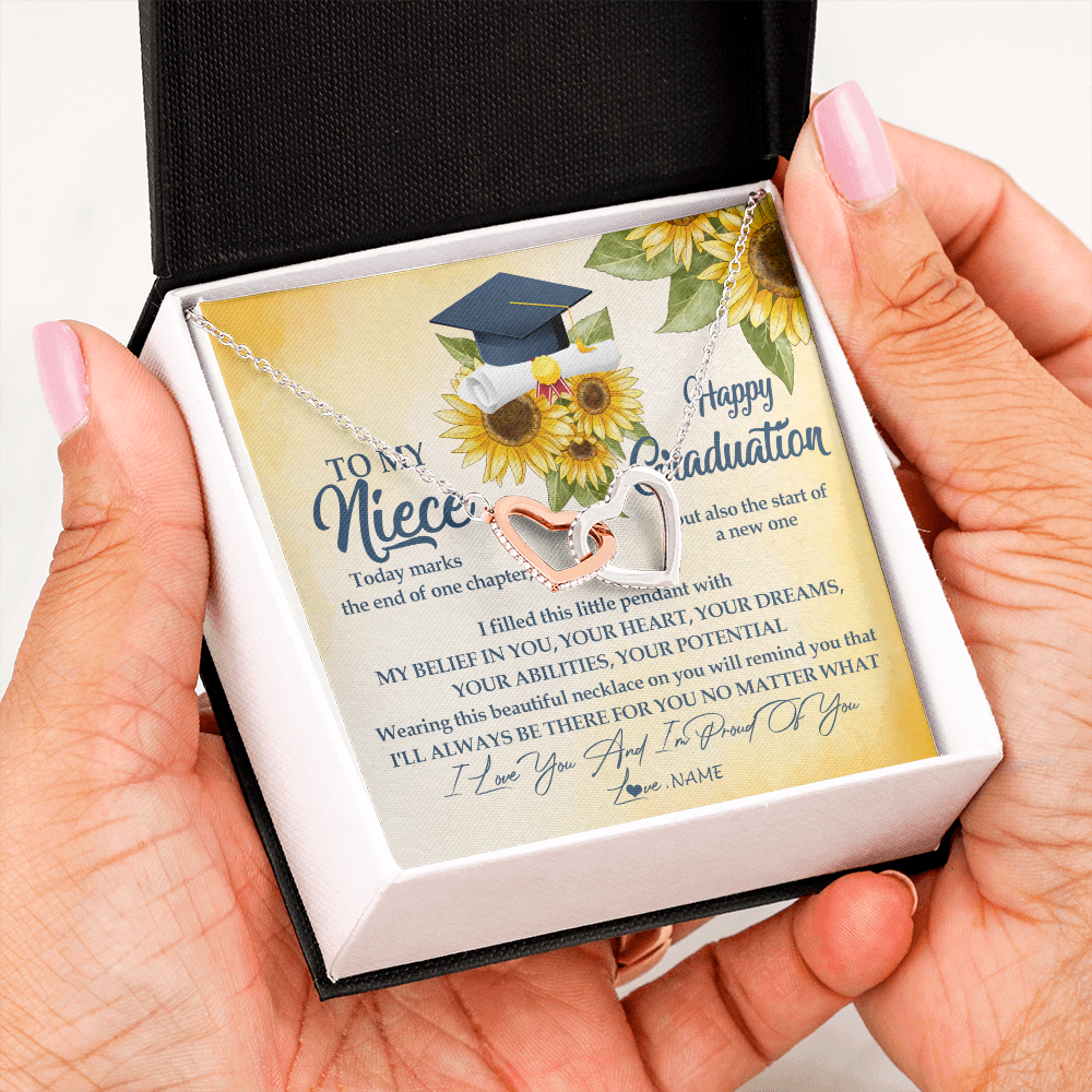 Interlocking Hearts Necklace | Personalized To My Niece On Her Graduation Day Necklace Flower I Love You I'm Proud Of You Class of 2022 Niece Jewelry Customized Gift Box Message Card | siriusteestore