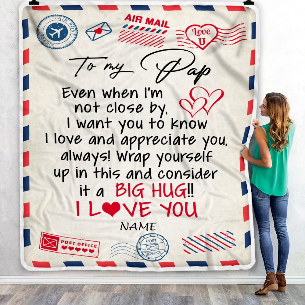 Personalized To My Pap Blanket From Grandkids I Love You Hugs Air Mail Letter Pap Birthday Fathers Day Christmas Customized Fleece Blanket | siriusteestore