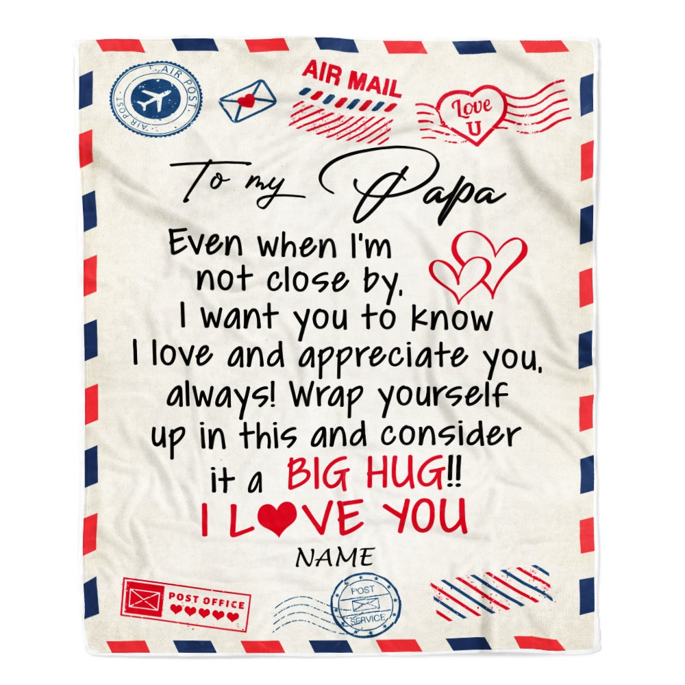 Personalized To My Papa Blanket From Grandkids I Love You Hugs Air Mail Letter Papa Birthday Fathers Day Christmas Customized Fleece Blanket | siriusteestore