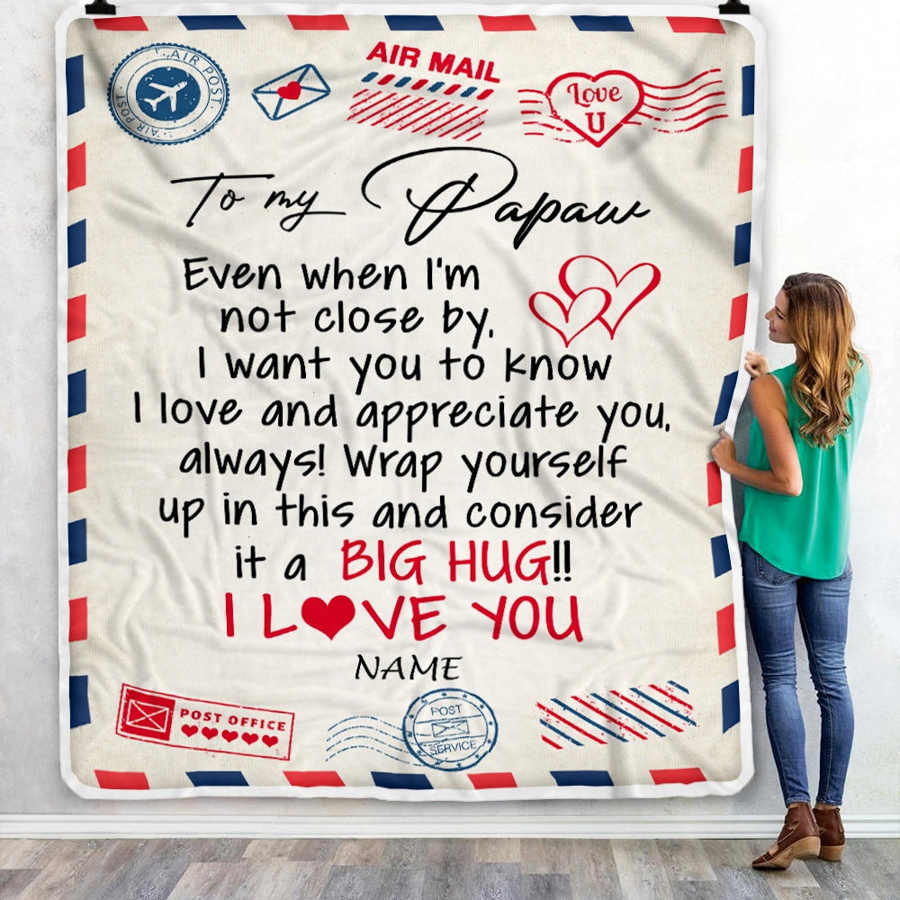 Personalized To My Papaw Blanket From Grandkids I Love You Hugs Air Mail Letter Papaw Birthday Fathers Day Christmas Customized Fleece Blanket | siriusteestore