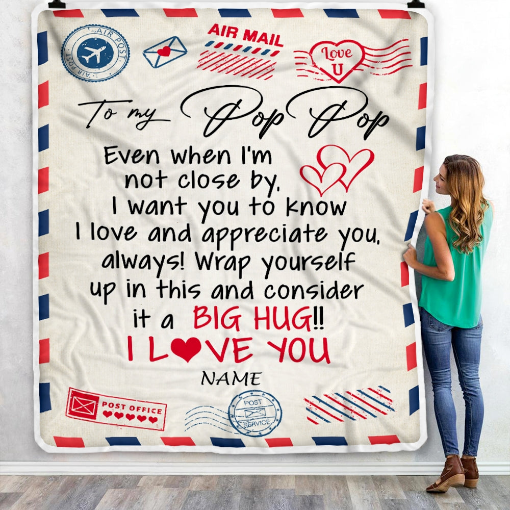 Personalized To My Pop Pop Blanket From Grandkids I Love You Hugs Air Mail Letter Pop Pop Birthday Fathers Day Christmas Customized Fleece Blanket | siriusteestore