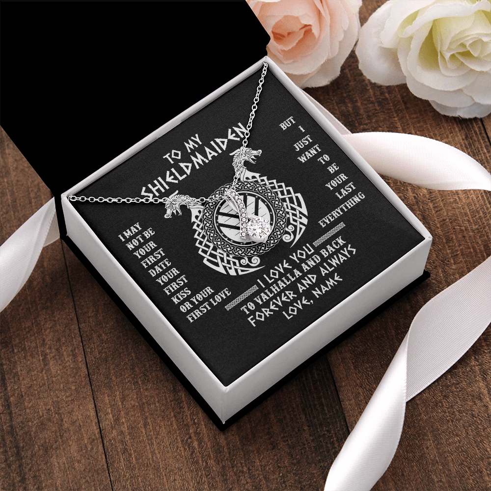 Alluring Beauty Necklace | Personalized To My Shieldmaiden Necklace I Love You to Valhalla and Back Viking Jewelry For Women Birthday Wife Girlfriend Anniversary Customized Message Card | siriusteestore
