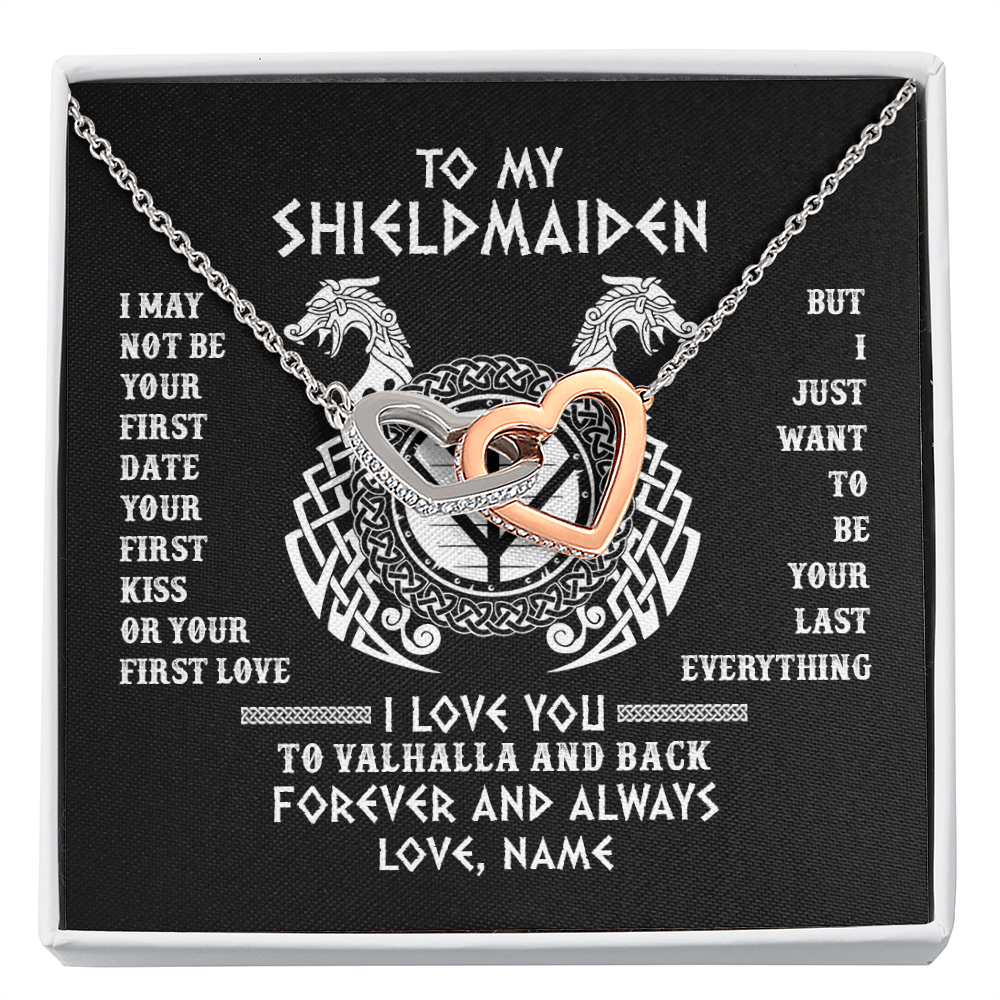 Interlocking Hearts Necklace | Personalized To My Shieldmaiden Necklace I Love You to Valhalla and Back Viking Jewelry For Women Birthday Wife Girlfriend Anniversary Customized Message Card | siriusteestore