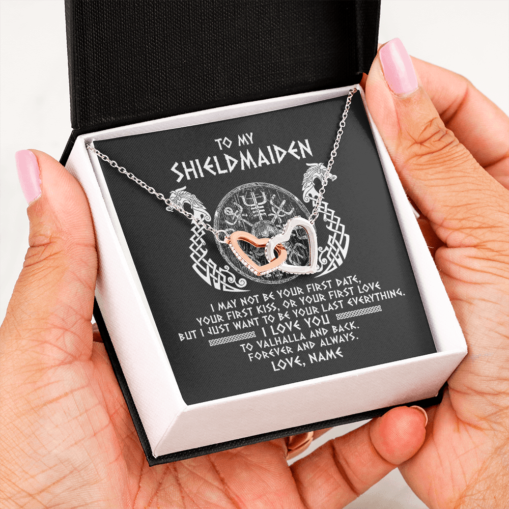 Interlocking Hearts Necklace | Personalized To My Shieldmaiden Necklace Viking I Love You to Valhalla Jewelry For Wife Girlfriend From Husband Birthday Anniversary Customized Message Card | siriusteestore