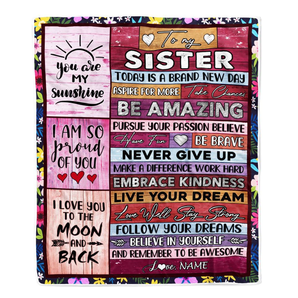 Personalized To My Sister Blanket From Brother Never Give Up Live Your Dream Pink Wood Sister Birthday Graduation Christmas Customized Fleece Blanket | siriusteestore