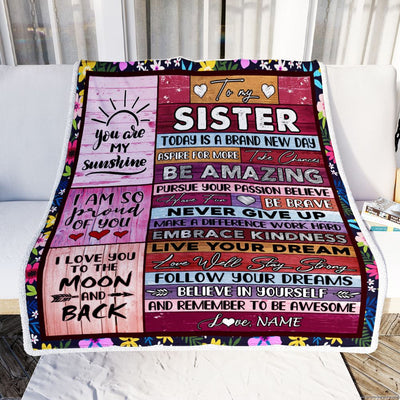 Personalized To My Sister Blanket From Brother Never Give Up Live Your Dream Pink Wood Sister Birthday Graduation Christmas Customized Fleece Blanket | siriusteestore