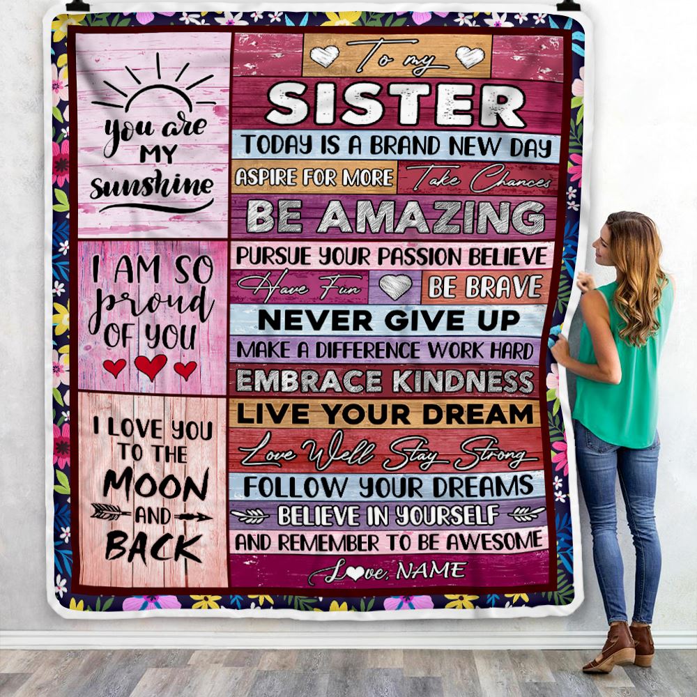 Personalized To My Sister Blanket From Brother Never Give Up Live Your Dream Pink Wood Sister Birthday Graduation Christmas Customized Fleece Blanket | siriusteestore
