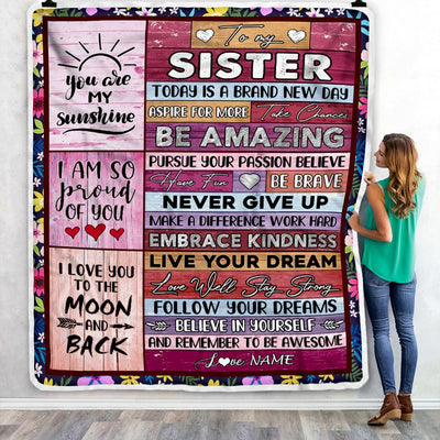 Personalized To My Sister Blanket From Brother Never Give Up Live Your Dream Pink Wood Sister Birthday Graduation Christmas Customized Fleece Blanket | siriusteestore