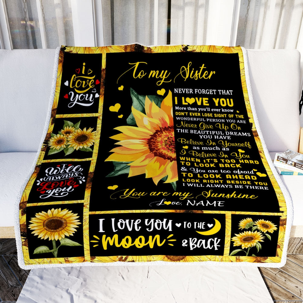 Personalized To My Sister Blanket From Brother Sister Never Forget I Love You Sunflower Sister Birthday Graduation Christmas Customized Fleece Throw Blanket | siriusteestore
