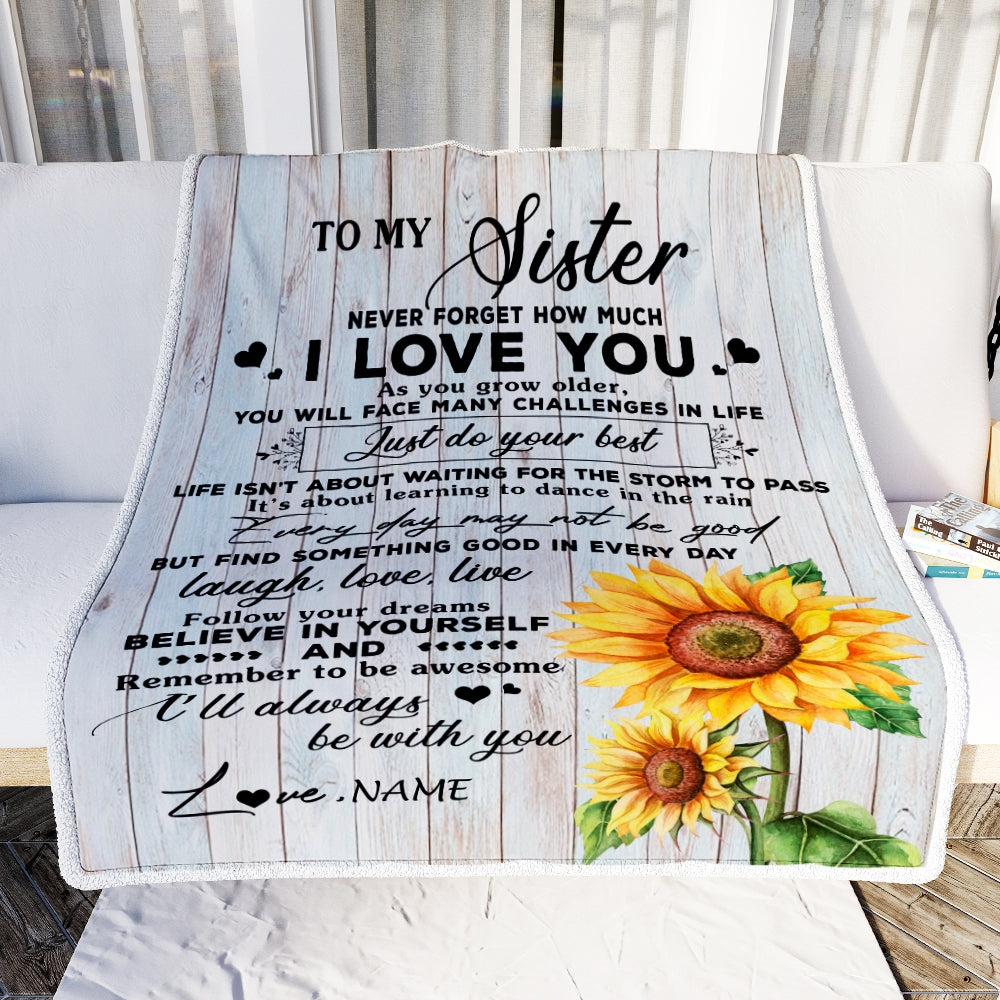 Personalized To My Sister Blanket From Brother Sunflower Wood Laugh Love Live Sister Birthday Graduation Christmas Customized Bed Quilt Fleece Throw Blanket | siriusteestore