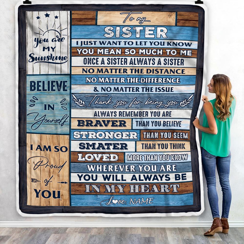 Personalized To My Sister Blanket From Brother Wood You Will Always Be In My Heart Sister Birthday Christmas Graduation Customized Bed Fleece Throw Blanket | siriusteestore