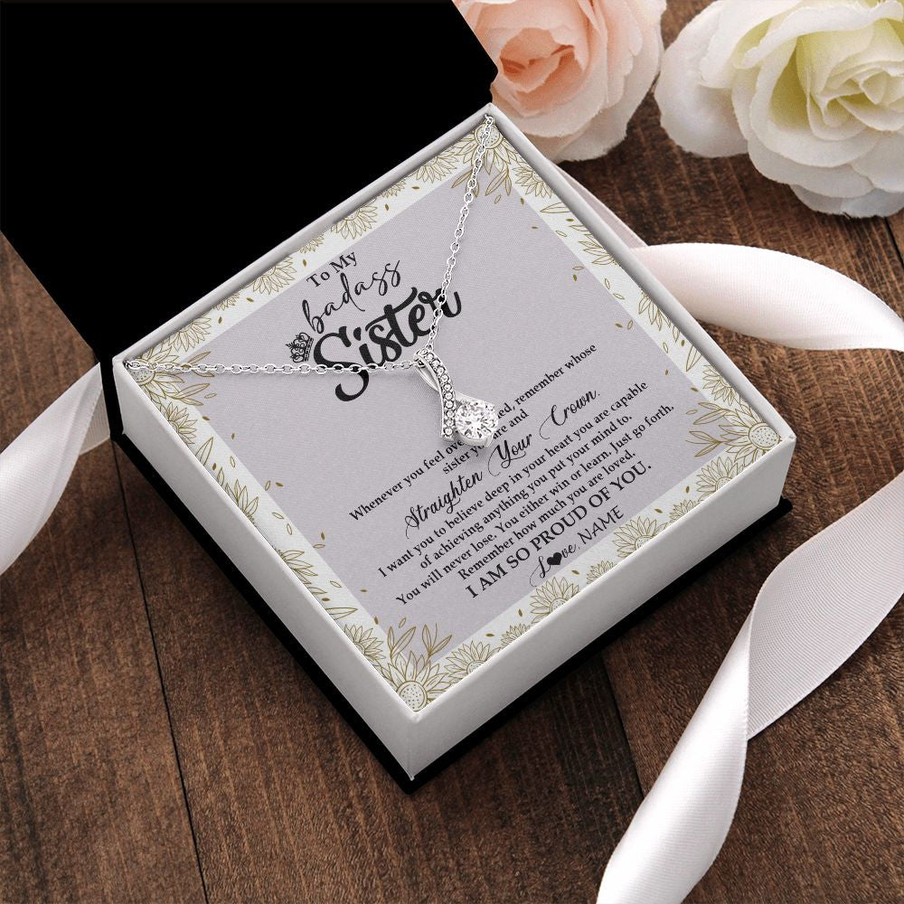 Alluring Beauty Necklace | Personalized To My Sister Necklace From Brother Sister Straighten Your Crown Sister Birthday Christmas Graduation Jewelry Customized Gift Box Message Card | siriusteestore