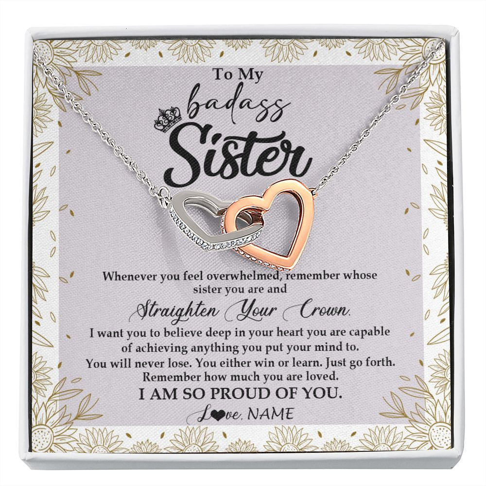 Interlocking Hearts Necklace | Personalized To My Sister Necklace From Brother Sister Straighten Your Crown Sister Birthday Christmas Graduation Jewelry Customized Gift Box Message Card | siriusteestore
