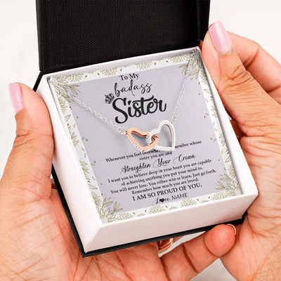 Interlocking Hearts Necklace | Personalized To My Sister Necklace From Brother Sister Straighten Your Crown Sister Birthday Christmas Graduation Jewelry Customized Gift Box Message Card | siriusteestore
