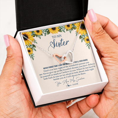 Interlocking Hearts Necklace | Personalized To My Sister Necklace From Brother Sunflower You Are My Sunshine Sister Jewelry Graduation Birthday Christmas Customized Gift Box Message Card | siriusteestore