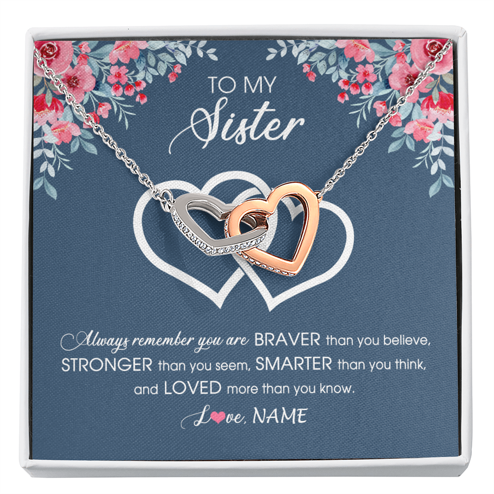 Interlocking Hearts Necklace | Personalized To My Sister Necklace From Sister Brother Braver Stronger Smarter Loved Sister Pendant Jewelry Birthday Christmas Customized Message Card | siriusteestore