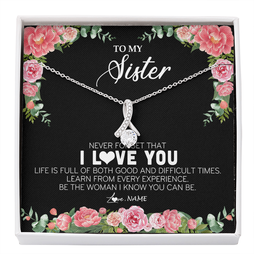 Alluring Beauty Necklace | Personalized To My Sister Necklace from Brother Sister Never Forget I Love You Floral Jewelry for Sister Birthday Graduation Christmas Customized Message Card | siriusteestore