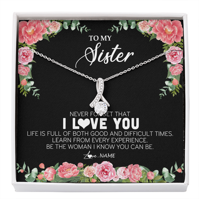 Alluring Beauty Necklace | Personalized To My Sister Necklace from Brother Sister Never Forget I Love You Floral Jewelry for Sister Birthday Graduation Christmas Customized Message Card | siriusteestore