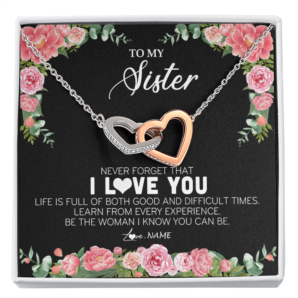 Interlocking Hearts Necklace | Personalized To My Sister Necklace from Brother Sister Never Forget I Love You Floral Jewelry for Sister Birthday Graduation Christmas Customized Message Card | siriusteestore