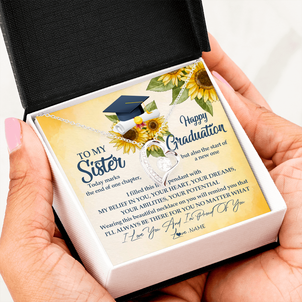 Forever Love Necklace | Personalized To My Sister On Her Graduation Day Necklace Flower I Love You I'm Proud Of You Class of 2022 Sister Jewelry Customized Gift Box Message Card | siriusteestore